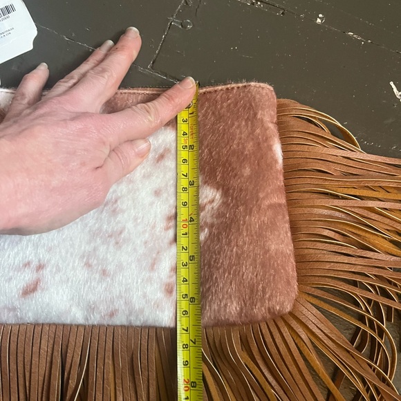 Stylish Brown and White Cow Print Fringe Vegan Handbag - Picture 5 of 12